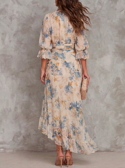 Beige Poolopaita Öljymaalaus Kukkaprintti Epäsymmetrinen Chiffon Maxi Mekko
