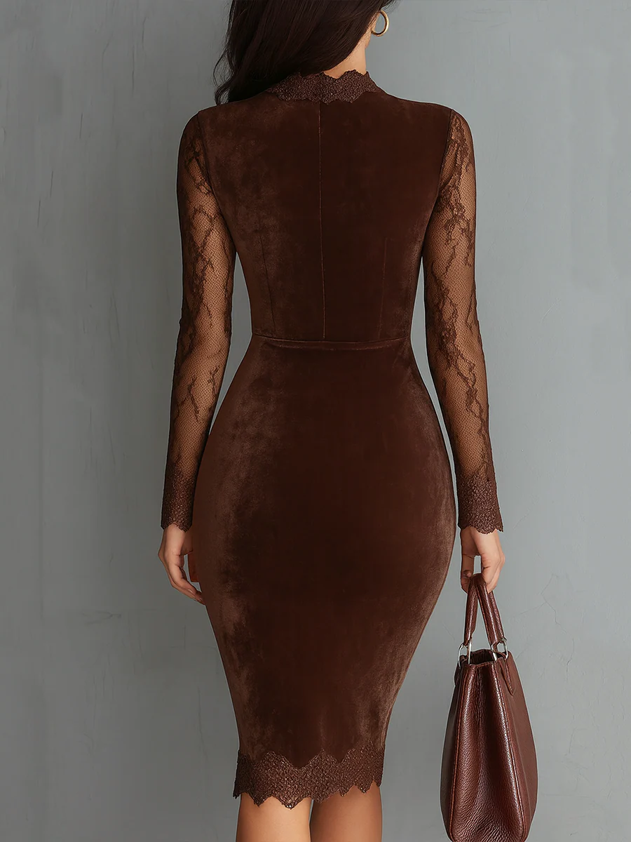 Brun Vintage Nøkkelhull Halslinje Blonde Ermer Velour Mini Kjole
