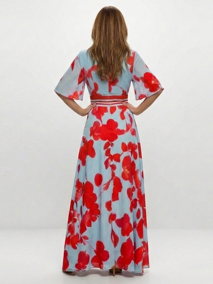 Corinne | V-hals Kortermet Blomster Maxi Kjole