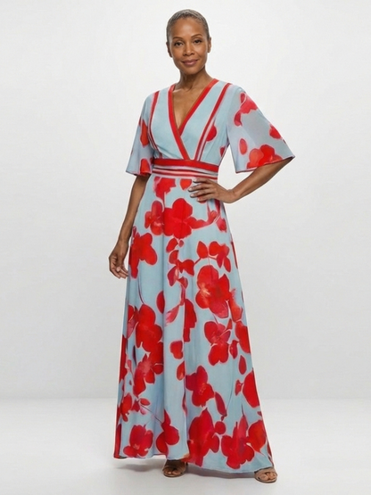 Corinne | V-hals Kortermet Blomster Maxi Kjole