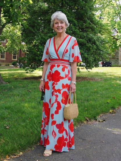 Corinne | V-hals Kortermet Blomster Maxi Kjole