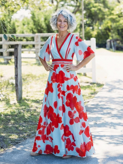 Corinne | V-hals Kortermet Blomstrete Maxikjole