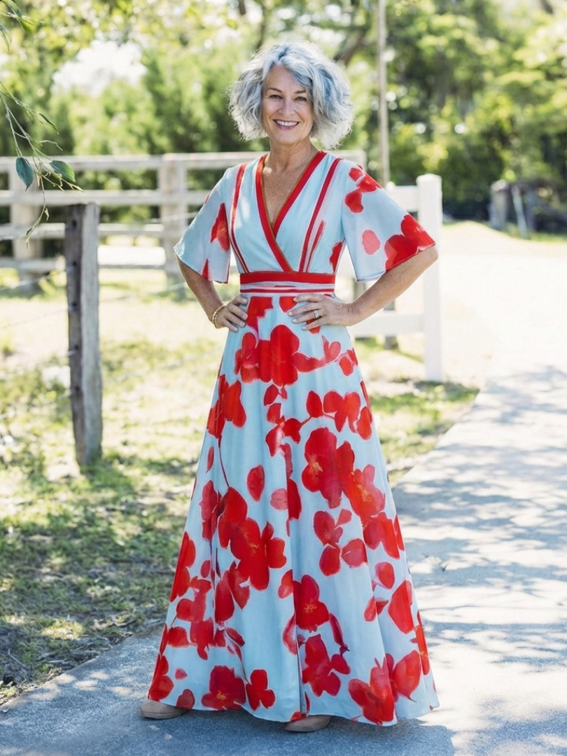 Corinne | V-hals Kortermet Blomster Maxi Kjole
