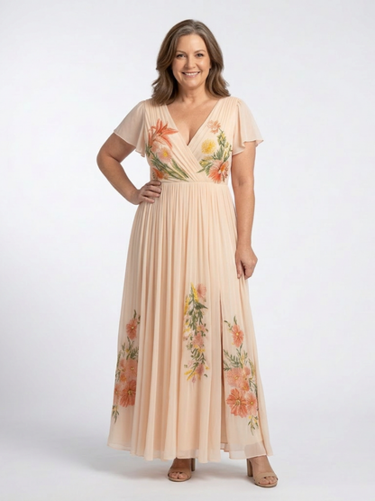 Calista | V-hals Korte Ermer Plisserte Blomster Maxi Kjole