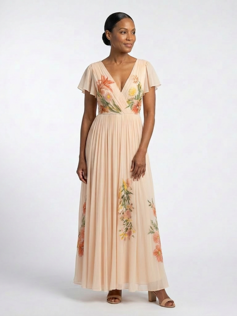 Calista | V-hals Korte Ermer Plisserte Blomster Maxi Kjole