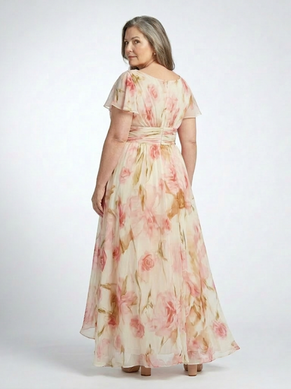 Elara | V-hals Korte Ermer Blomstrete Maxi Kjole