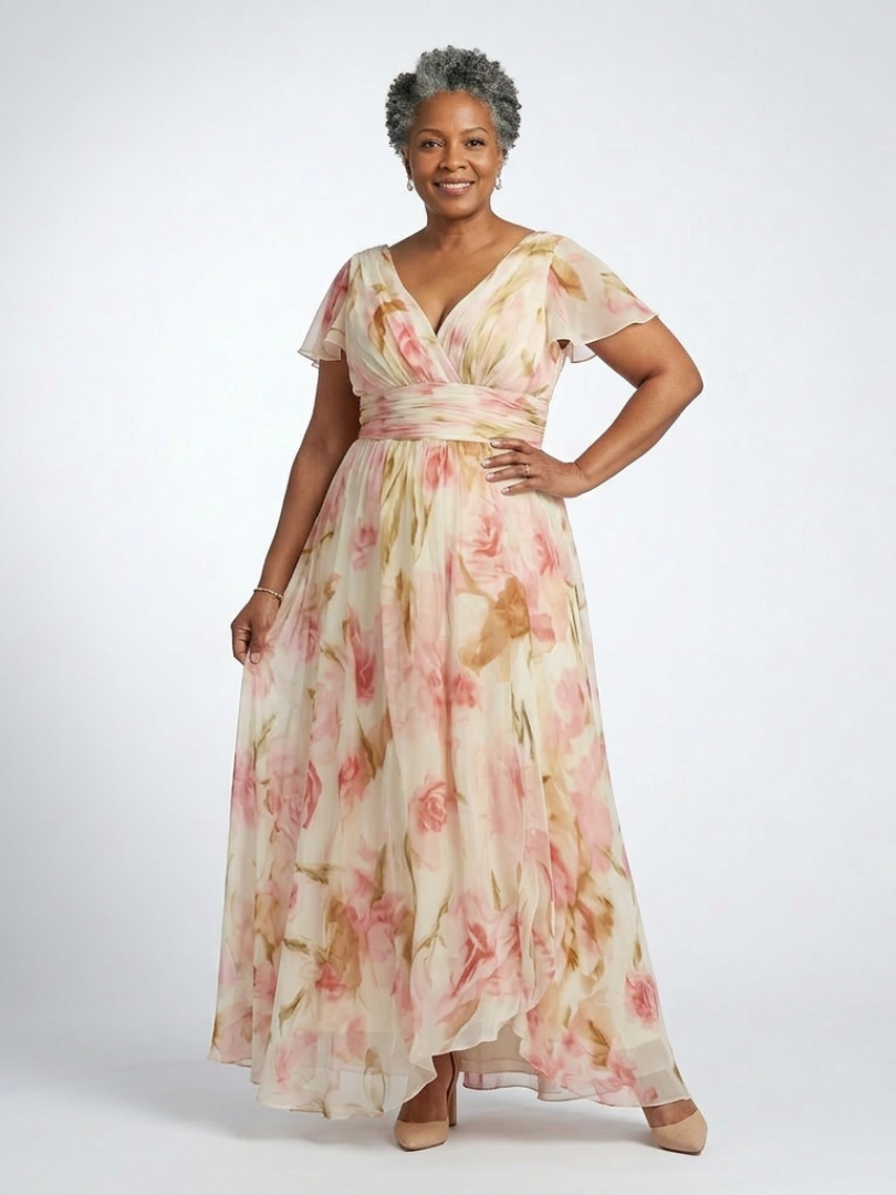 Elara | V-hals Kortermet Blomster Maxi Kjole