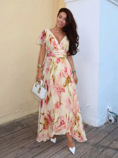 Elara | V-hals Kortermet Blomster Maxi Kjole