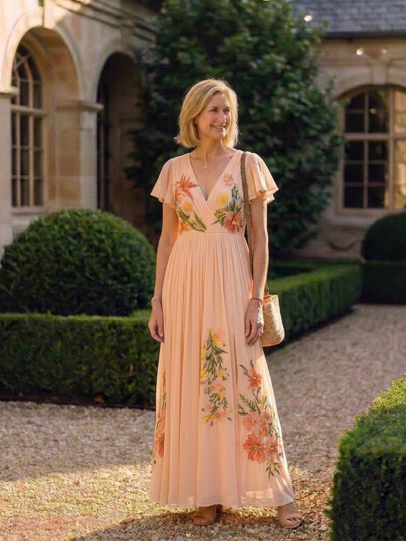 Calista | V-hals Korte Ermer Plisserte Blomster Maxi Kjole