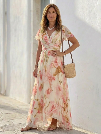 Elara | V-hals Kortermet Blomster Maxi Kjole