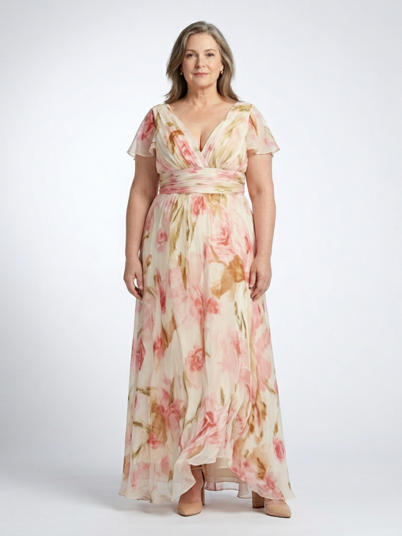 Elara | V-hals Korte Ermer Blomstrete Maxi Kjole