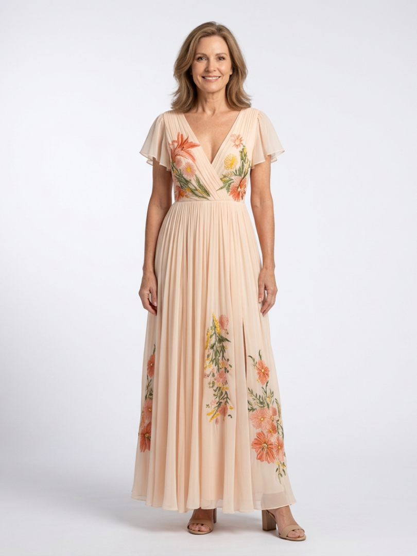 Calista | V-hals Korte Ermer Plisserte Blomster Maxi Kjole