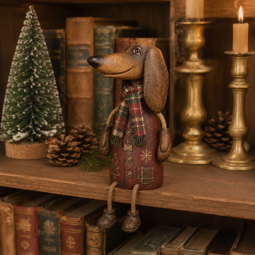 Dachshund Hyllefigur | Vintage Julefigur med Rutete Skjerf