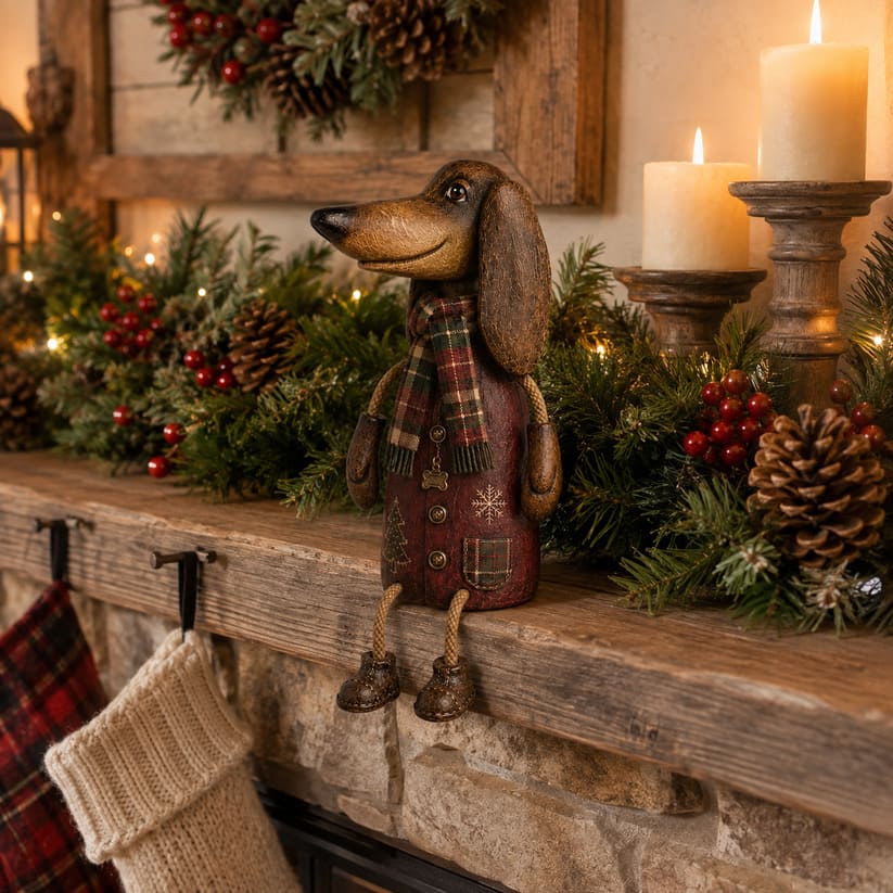 Dachshund Hyllefigur | Vintage Julefigur med Rutete Skjerf