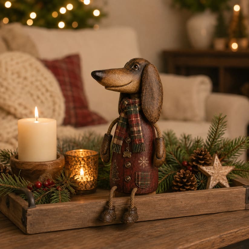 Dachshund Hyllefigur | Vintage Julefigur med Rutete Skjerf