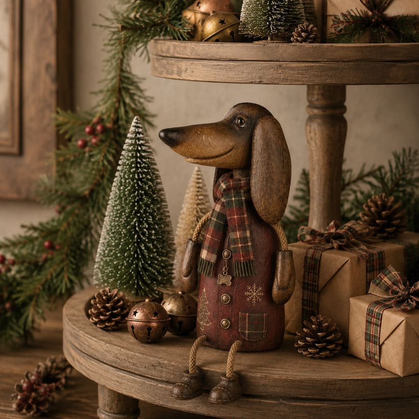 Dachshund Hyllefigur | Vintage Julefigur med Rutete Skjerf