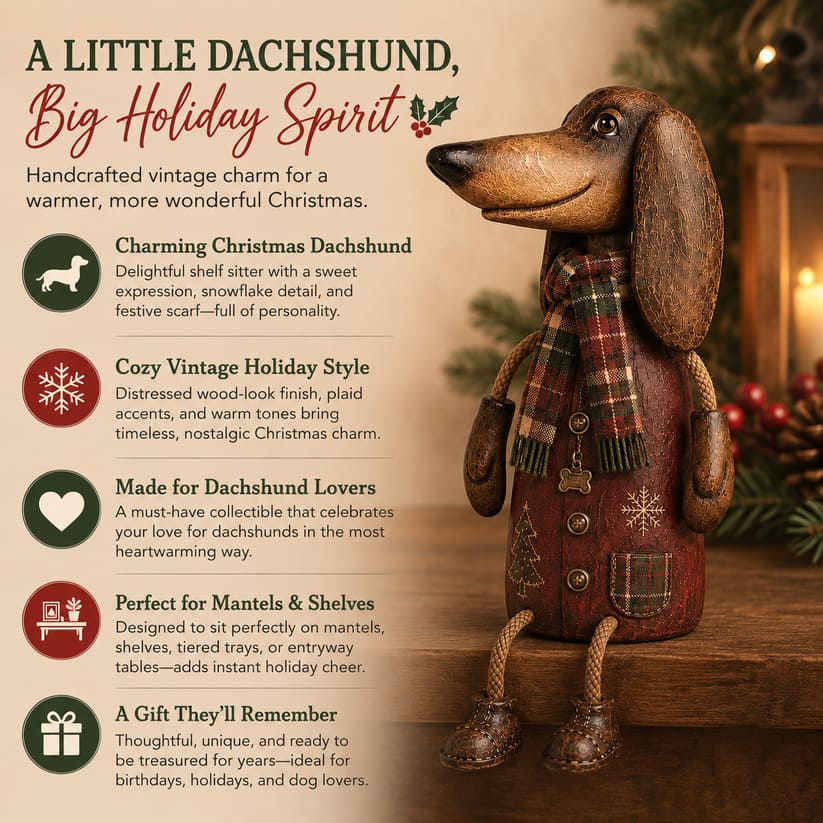Dachshund Hyllefigur | Vintage Julefigur med Rutete Skjerf