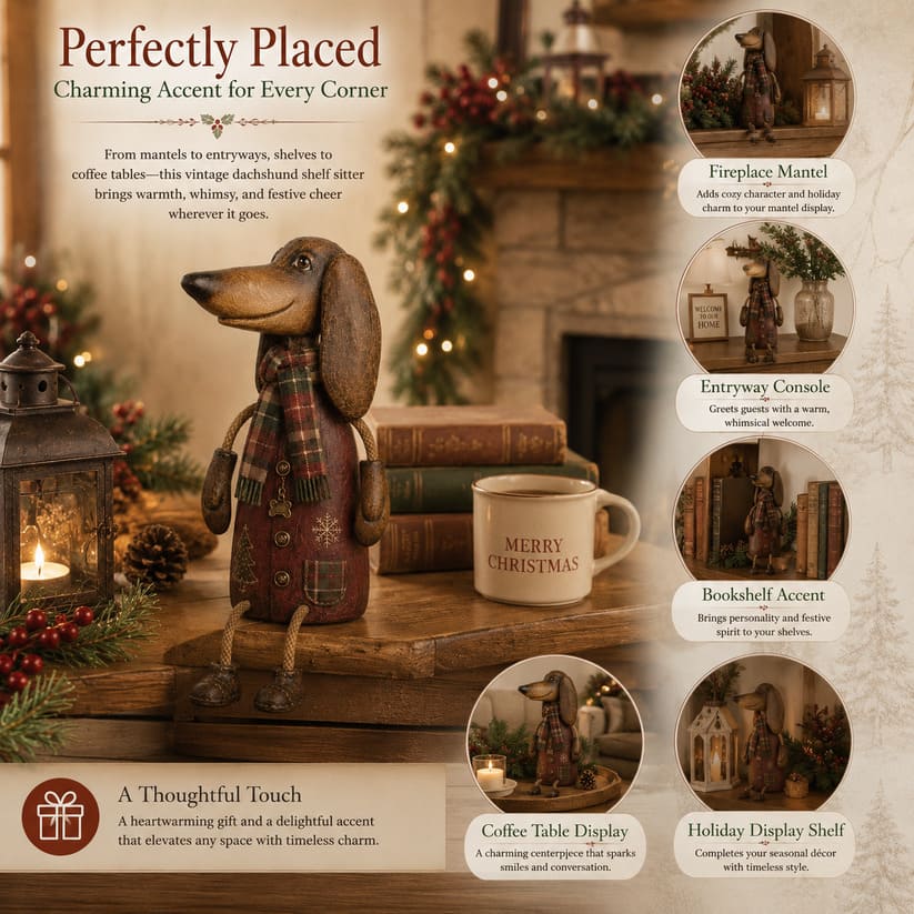 Dachshund Hyllefigur | Vintage Julefigur med Rutete Skjerf