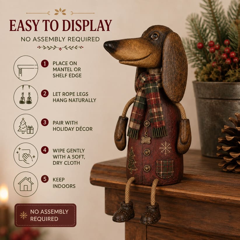 Dachshund Hyllefigur | Vintage Julefigur med Rutete Skjerf