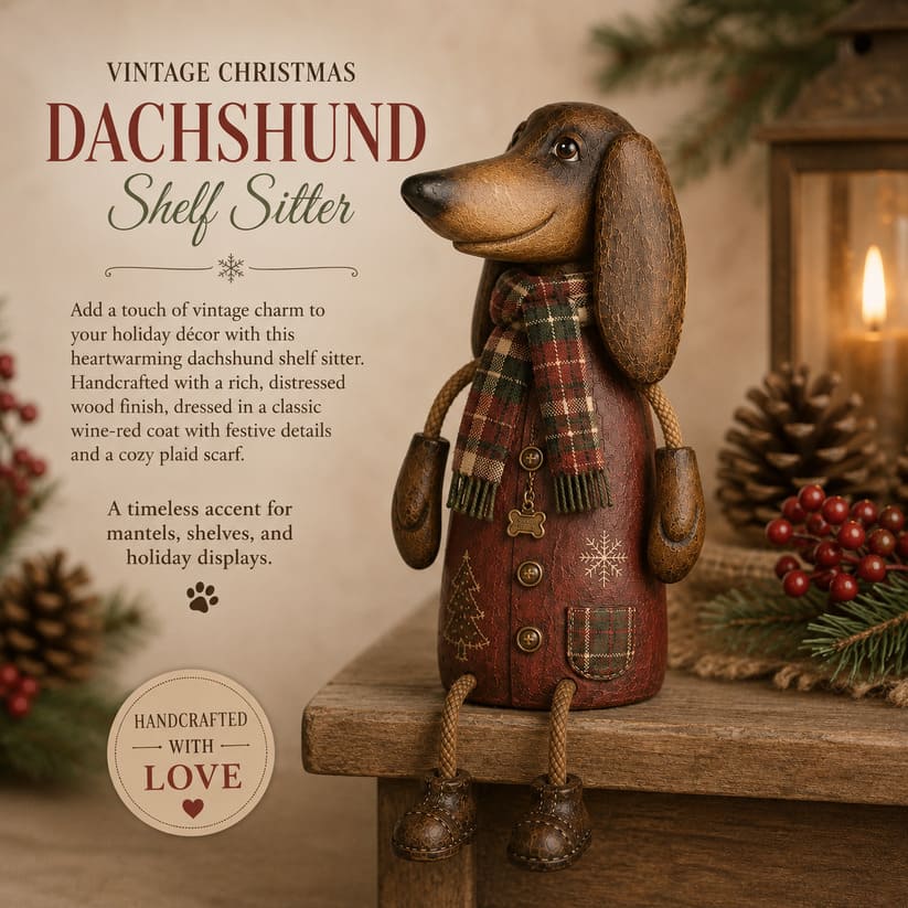 Dachshund Hyllefigur | Vintage Julefigur med Rutete Skjerf