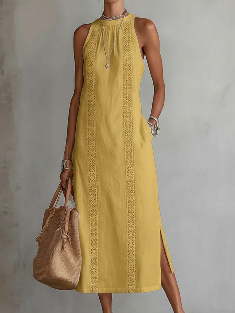 Jimena | Avslappet Brodert Mandarin Krage Midi Kjole