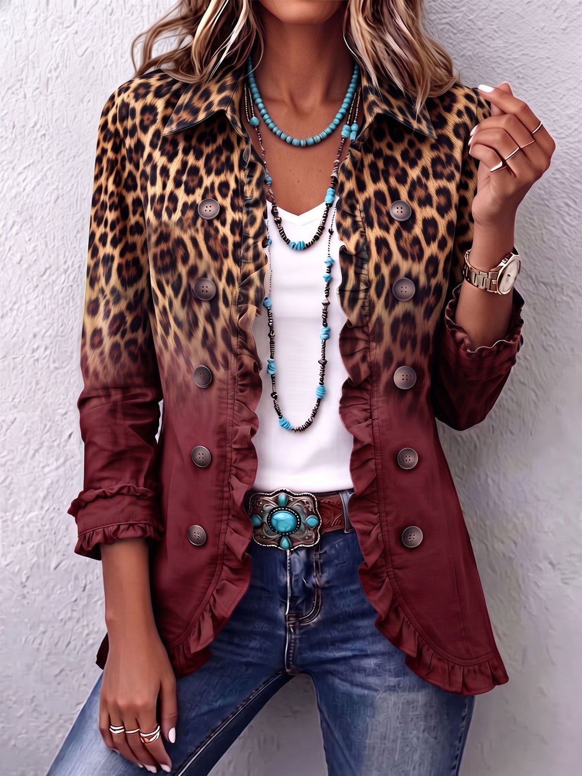 Elspeth | Leopard Ombre Ruffle Blazer Takki