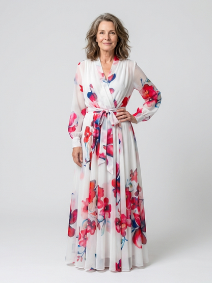 Lillian | Blomstrete Langermet Innpaknings Maxi Kjole