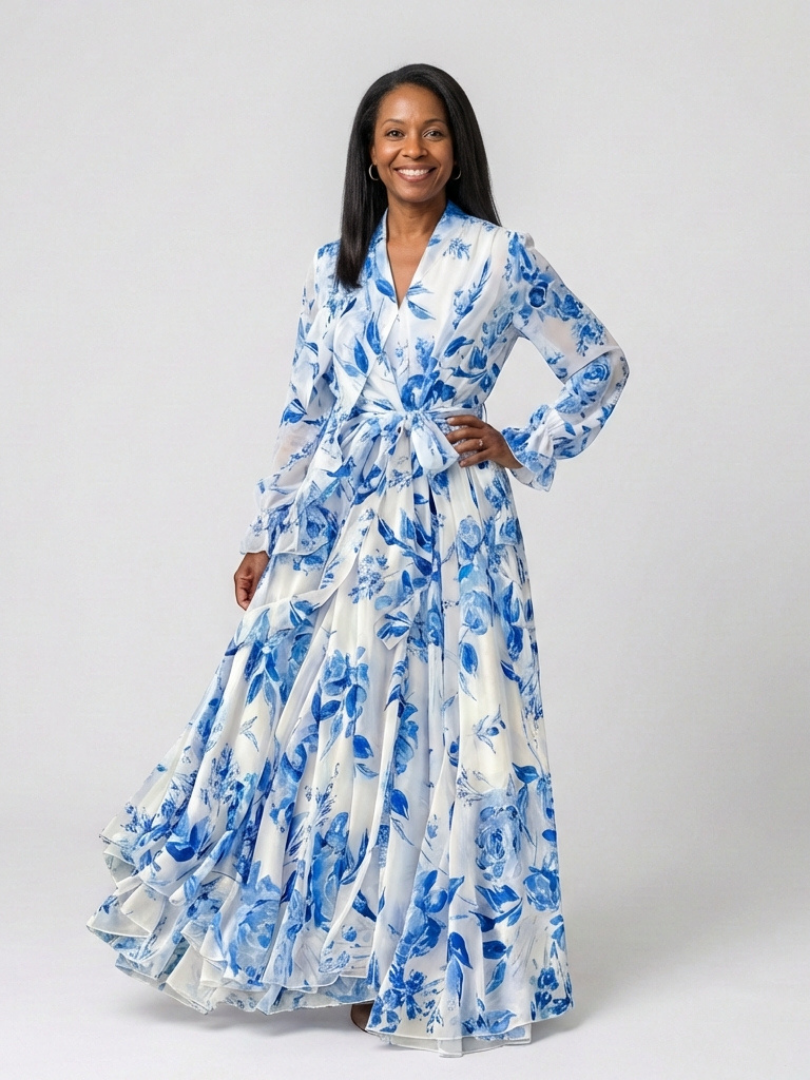 Lillian | Blomstrete langermet omslags maxi-kjole
