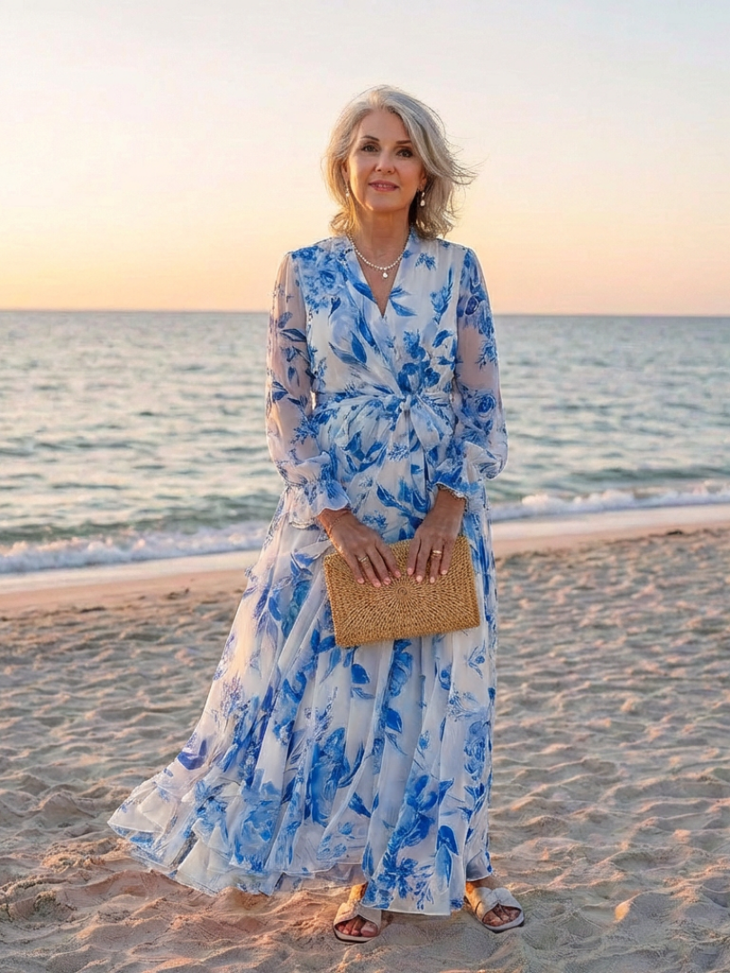 Lillian | Blomstrete langermet omslags maxi-kjole