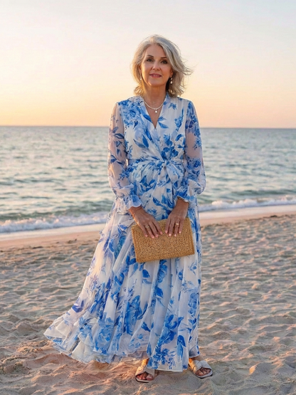 Lillian | Blomstrete langermet omslags maxi-kjole