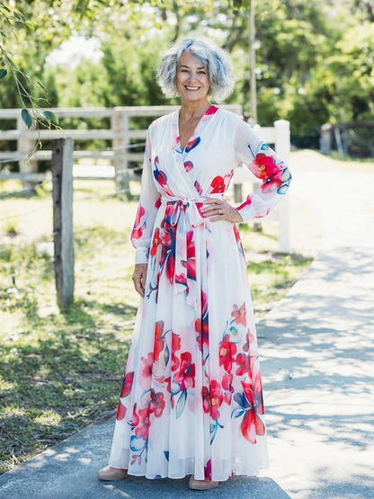 Lillian | Blomstrete Langermet Innpaknings Maxi Kjole