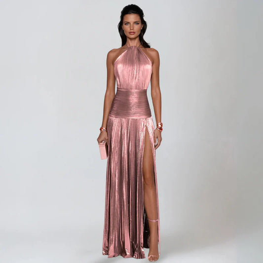 Emma | Kjole med Halter og Åpen Rygg i Metallisk